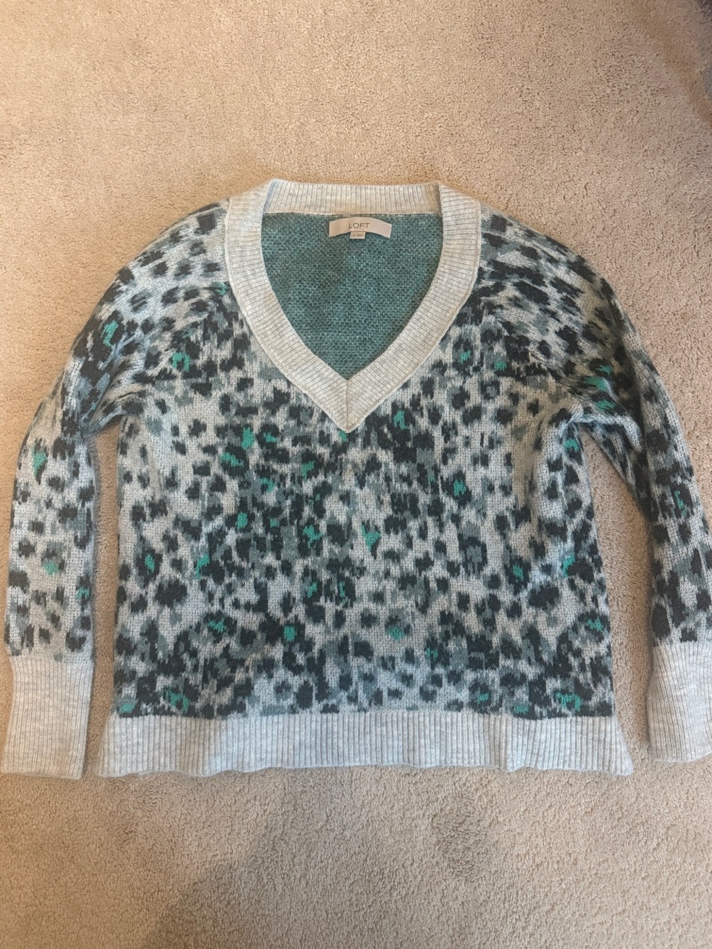 LOFT Gray and Teal Leopard-Print V-Neck Sweater